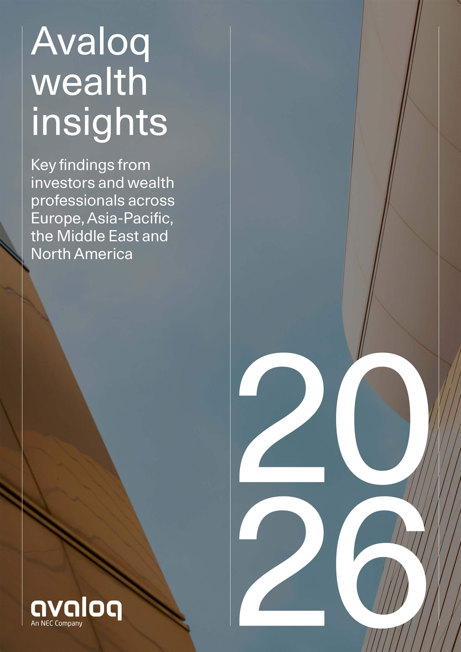 Cover image for Avaloq wealth insights 2026, showing abstract architectural skyscraper facades in blue and bronze tones with the report title and year displayed prominently.